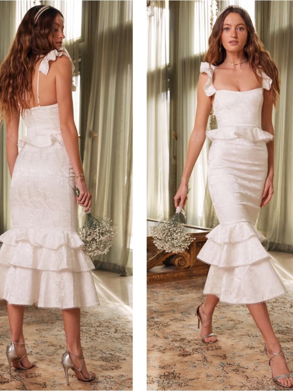 V. CHAPMAN Violet Floral Ruffle Tiered Jacquard White Midi Dress Size 0